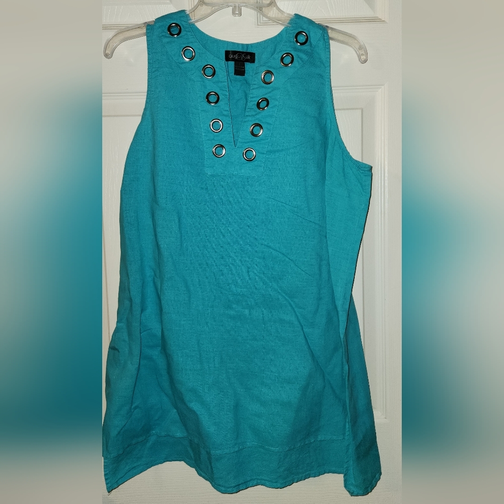August Silk turquoise shirt/mini dress. Linen blend. Size 12
